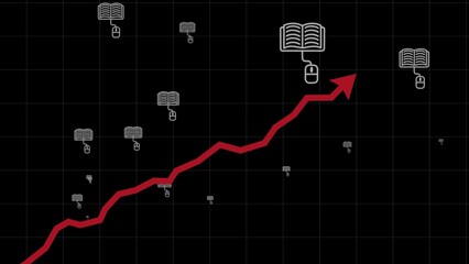 Rising red graph on black background with Online learning icons. Growing Demand for e-learning. Education Development trend