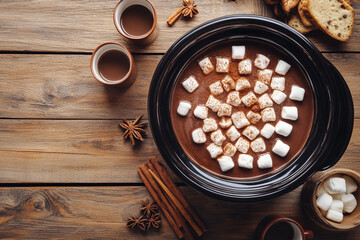 Hot chocolate with marshmallows in a cooking pot, surrounded by spices and cups on a wooden table