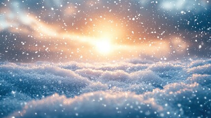 Beautiful Sunrise Over Snow-Covered Landscape with Falling Snowflakes and Soft Morning Light