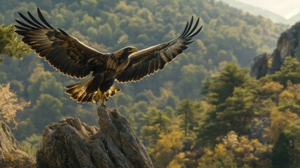 Obraz premium Majestic Eagle Soaring in Mountainous Landscape