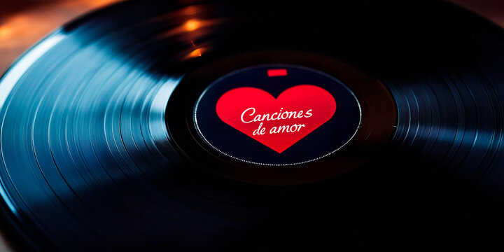 Disci de vinilo con etiqueta de "Canciones de amor" y coraz&oacute;n