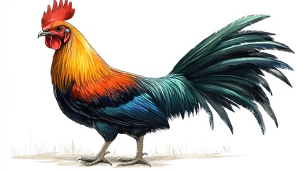 Fototapeta premium A Detailed Illustration of a Rooster with Vibrant Feathers