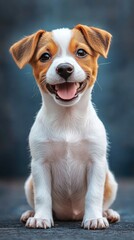 Cute Happy Puppy Sitting and Smiling on a Dark Background