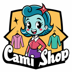 logo con el nombre cami shop con prendas de vestir, vector illustration cartoon