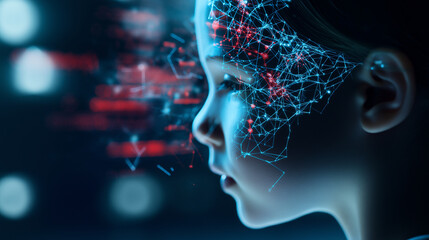 Obraz premium A visualization of a childâs head with neural connections visible and dynamically interacting, symbolizing the brainâs active role in learning and development.