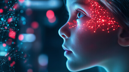 A scientific visualization of a childâs mind, with neural networks brightly illuminated, representing the continuous cognitive development fostered by education and play.