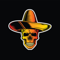 Skull in a sombrero. Dia De Los Muertos. Original vector illustration in vintage style isolated on black background. T-shirt design.