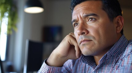 Obraz premium Pensive Man in Plaid Shirt Gazing Off into Distance