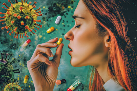 A doctor hands a pill to a woman sneezing in a medical consultation about seasonal allergies during a vibrant health awareness campaign