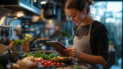 Smiling Woman Cooking Healthy Meal Using Tablet in Modern Kitchen