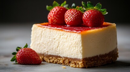 Rich decadent slice of New York cheesecake with a strawberry garnish placed on a clean white background