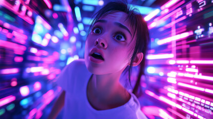 3D portrait of a woman with a surprised expression, in a futuristic city full of neon lights.