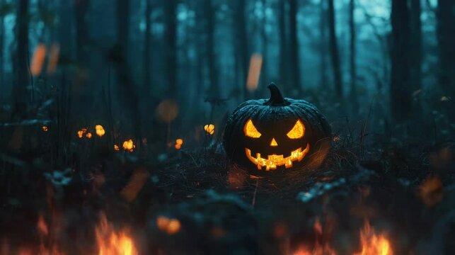 A beautiful combination of fire and Halloween in the forest at night. seamless looping time-lapse virtual 4k video Animation Background.