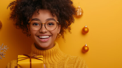 Naklejka premium 3D portrait of a woman smiling in delight, holding a gift, with a festive background.