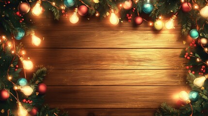 Festive Christmas Holiday Background with String Lights and Ornaments on Wooden Surface