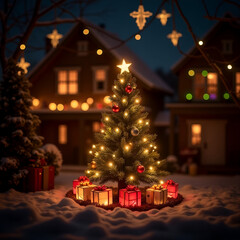 &Aacute;rbol de navidad sobre la nieve rodeado de cajas de regalos iluminadas frente a una casa