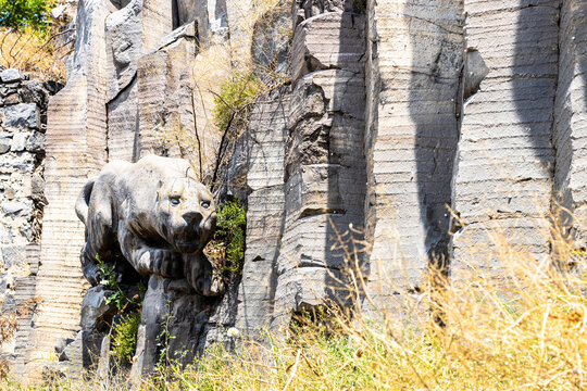 Yerevan, Armenia - June 29, 2024: figure of panther in Hrazdan Gorge near Kond pedestrian tunnel in Yerevan city on summer day