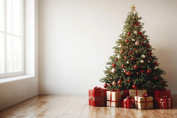 Big beautiful christmas tree decorated with beautiful shiny baubles and many different presents on wooden floor. White wall background with a lot of copy space for text. Close up.