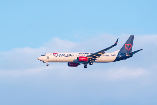 Turkey - Antalya 09,09,2024: MGA Airlines passenger plane lands at Antalya airport.