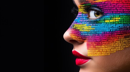 A woman's face is painted with colorful numbers and letters. Concept of creativity and individuality, as the woman's face is transformed into a unique and colorful work of art. The use of numbers