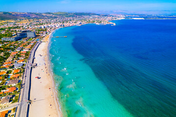 Ilica Beach in Alacati. Cesme District, Izmir, Turkey. Beautiful turquoise sea view in Cesme. Drone shot.