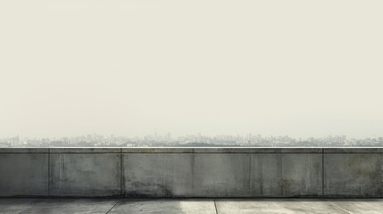 Naklejka premium Minimalist Modern Background with Empty Concrete Floor and Distant City Skyline, Overcast Sky, Urban Sophistication, Texture for Presentations and Promotional Material