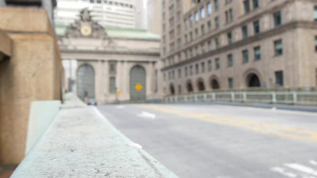 New York City Grand Central Terminal railway station building architecture, 42 street. Manhattan Midtown. Yellow taxi cab, car transport, Pershing Square bridge, NYC, USA. American urban road traffic.