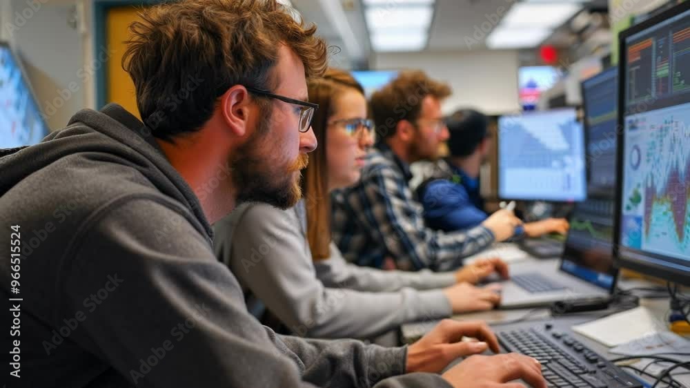 Poster programmers analyzing big data and developing innovative solutions in a modern office environment, s