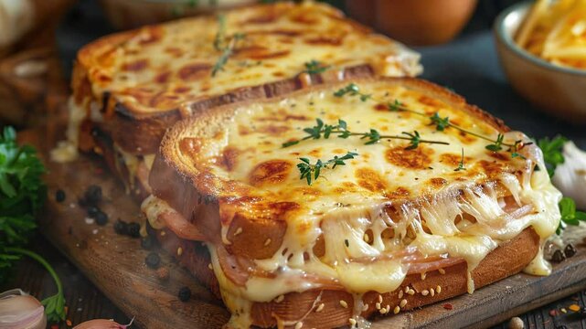 Croque monsieur on the table moves with smoke around