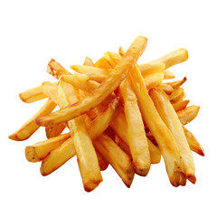 A heap of golden, crispy French fries on a white background, perfect for fast food or snack-related images and designs.