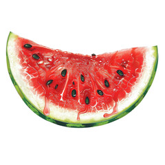 A realistic illustration of a juicy watermelon slice with visible seeds and vibrant red flesh, perfect for summer-themed designs.
