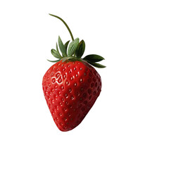 Close-up of a fresh, ripe strawberry with vibrant red color and green leaves on a white background. Ideal for food, fruit, and healthy eating themes.