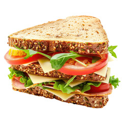 Close-up of a fresh, healthy sandwich with whole grain bread, lettuce, tomato, cheese, and arugula on a white background.