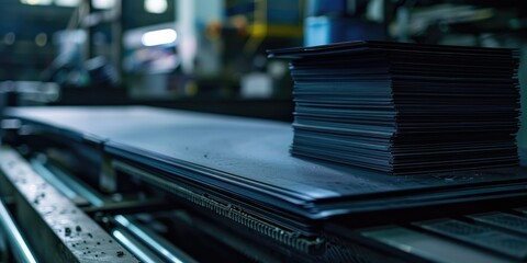 Stack of black paper on cutting machine in operation at print shop
