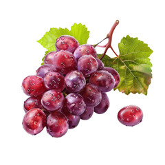Cluster of ripe red grapes with green leaves on a white background, fresh and juicy fruit perfect...
