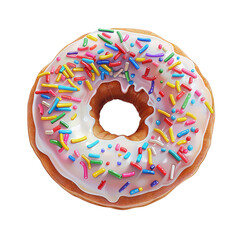 Colorful donut with white icing and multicolored sprinkles, perfect for dessert or bakery concept images.