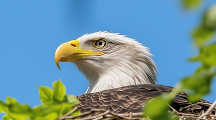 A bald eagle is perched on a branch in a tree. The bird has a yellow beak and yellow eyes. The sky is blue and the leaves on the tree are green