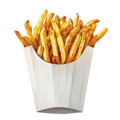 Crispy golden French fries in a white paper box, isolated on white background. Perfect for fast food, snack, and takeout concepts.