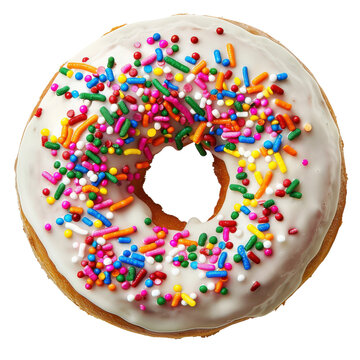 Colorful iced donut with sprinkles isolated on white background. Vibrant and delicious pastry perfect for any sweet tooth.