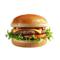 Delicious cheeseburger with fresh lettuce, ripe tomato, and a juicy beef patty on a soft, golden bun, perfect for a tasty meal any time.