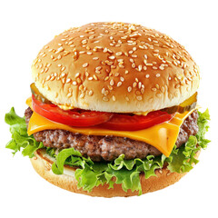 Delicious cheeseburger with lettuce, tomato, and cheese, served on a sesame seed bun. Perfect for fast food or gourmet dining visuals.