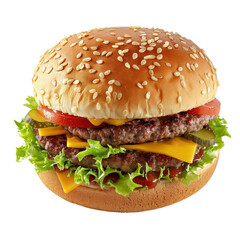 Delicious cheeseburger with lettuce, tomato, pickles, and layers of melted cheddar cheese in a sesame seed bun against a white background.