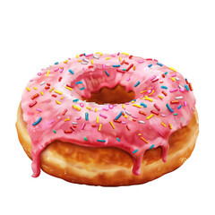 Delicious donut with pink icing and colorful sprinkles, perfect for sweet treat visuals and bakery promotion.