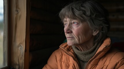 Obraz premium A woman in an orange jacket is looking out the window. She is sad or contemplative