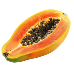 Freshly sliced papaya with vibrant orange flesh and black seeds, perfect for healthy eating and tropical-themed designs.