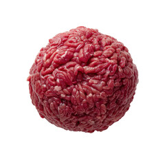High-quality close-up of raw ground beef meatball, isolated on white background, perfect for recipes, cooking, and food-related content.