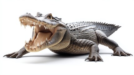 Fototapeta premium A crocodile is shown with its mouth open, revealing its sharp teeth. Concept of danger and power, as the crocodile is a formidable predator in the wild