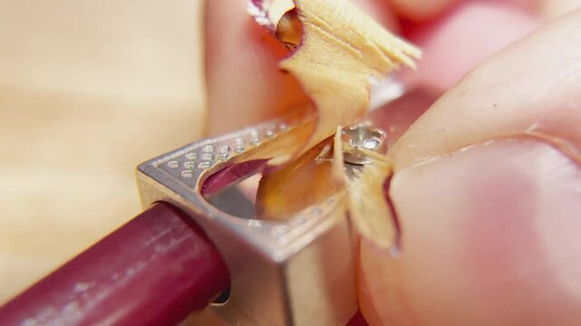 Sharpening a red pencil with metal sharpener macro view. Close-up view of a red pencil being sharpened by a metal sharpener and wood shavings.
