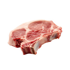 Raw pork chop close-up on white background, showcasing marbled texture, fresh meat ideal for cooking recipes and culinary preparations.