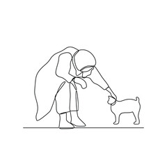 One continuous line drawing of the people is play with their pet by hugging and carrying it as vector illustration. Playing with dog activity illustration in simple linear style vector concept.